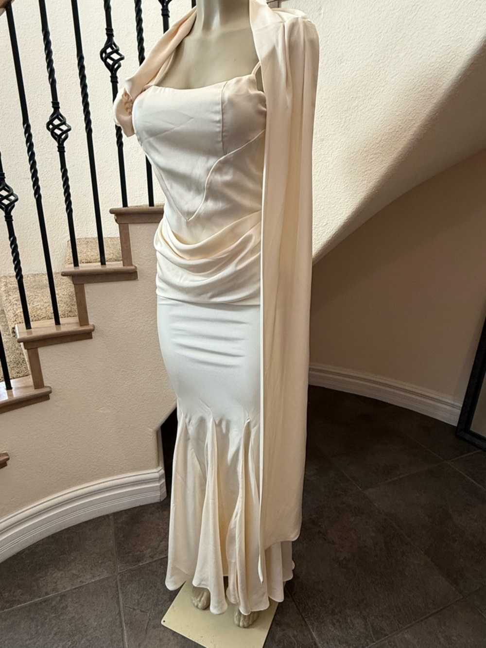 NWT LEAU Celine Corset Satin Gown Ivory Drape Scarf Maxi Dress Small - Picture 4 of 11